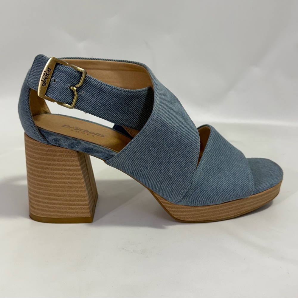 Dr Scholl’s Platform Chunky Heels Ankle Strap Sandals 8 M Blue Denim - Picture 2 of 15